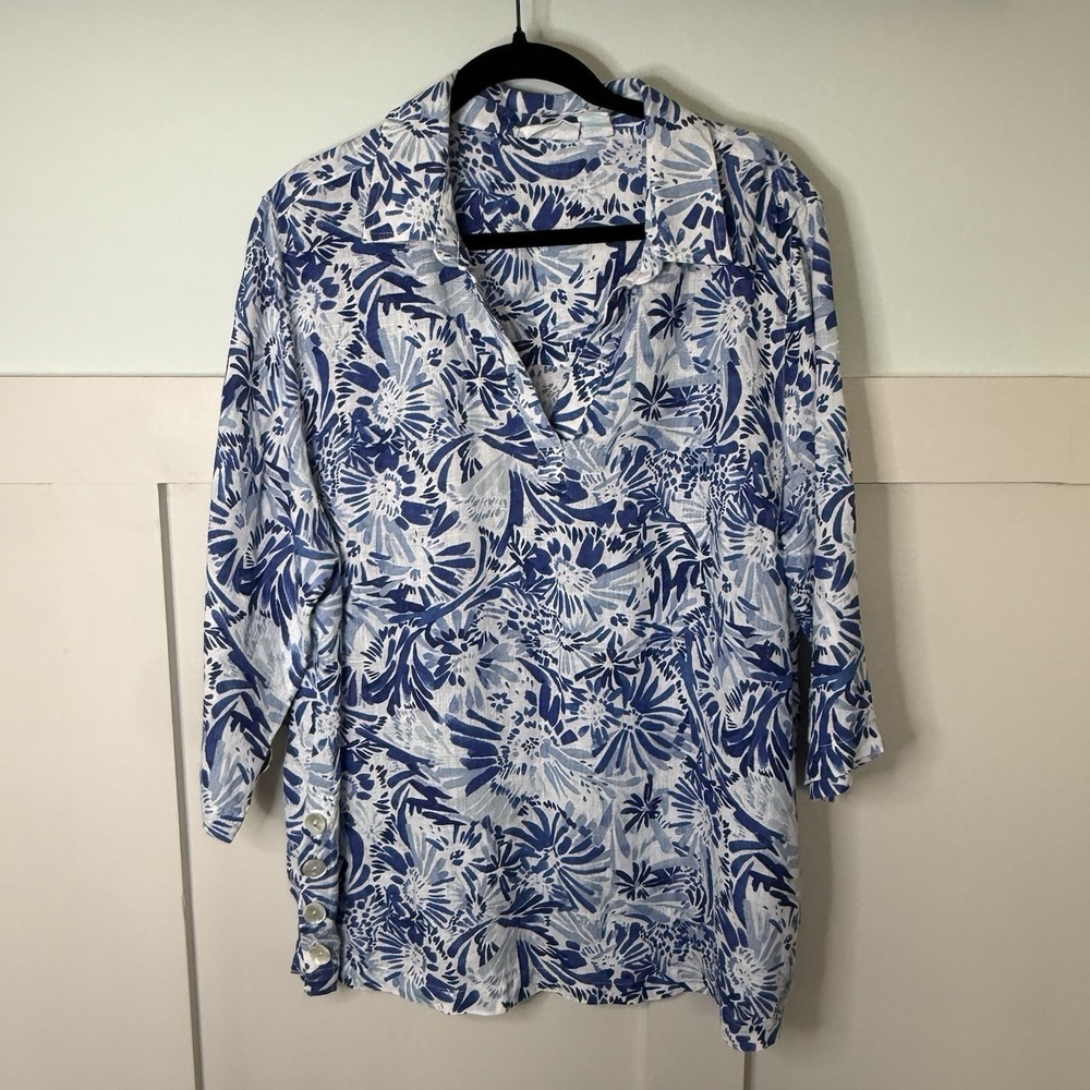 Cynthia Rowley Popover 100% Linen Tunic Plus Size 1X Blue Floral Button Sides